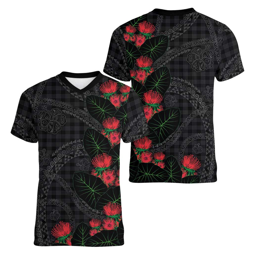 Hawaiian Kakau Art Women V-Neck T-Shirt Taro Leaves with Ohia Lehua and Pakala Pattern LT03 - Polynesian Pride