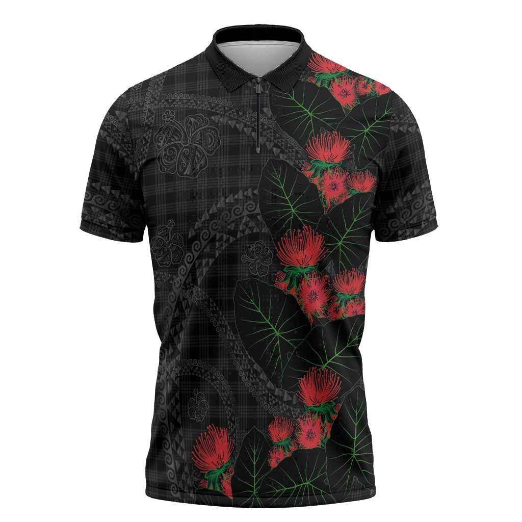 Hawaiian Kakau Art Zipper Polo Shirt Taro Leaves with Ohia Lehua and Pakala Pattern LT03 Black - Polynesian Pride