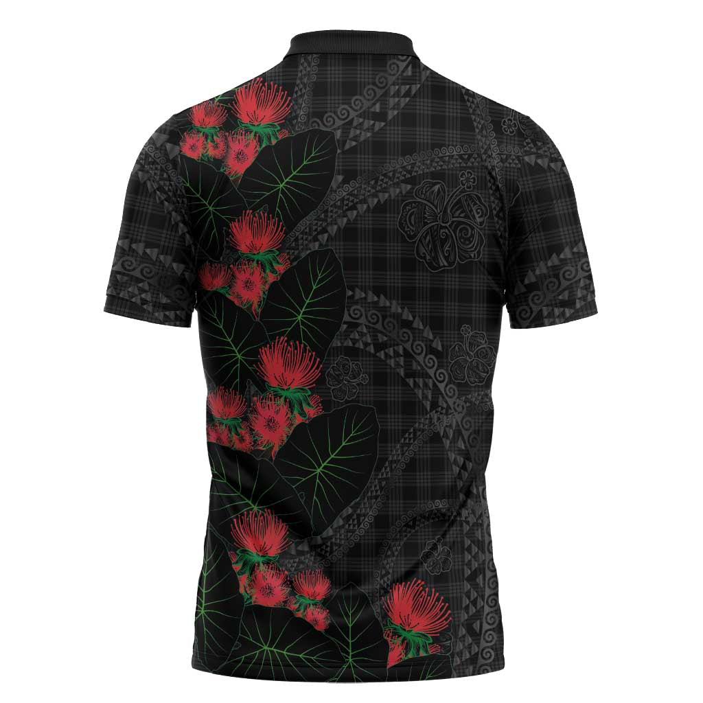 Hawaiian Kakau Art Zipper Polo Shirt Taro Leaves with Ohia Lehua and Pakala Pattern LT03 - Polynesian Pride