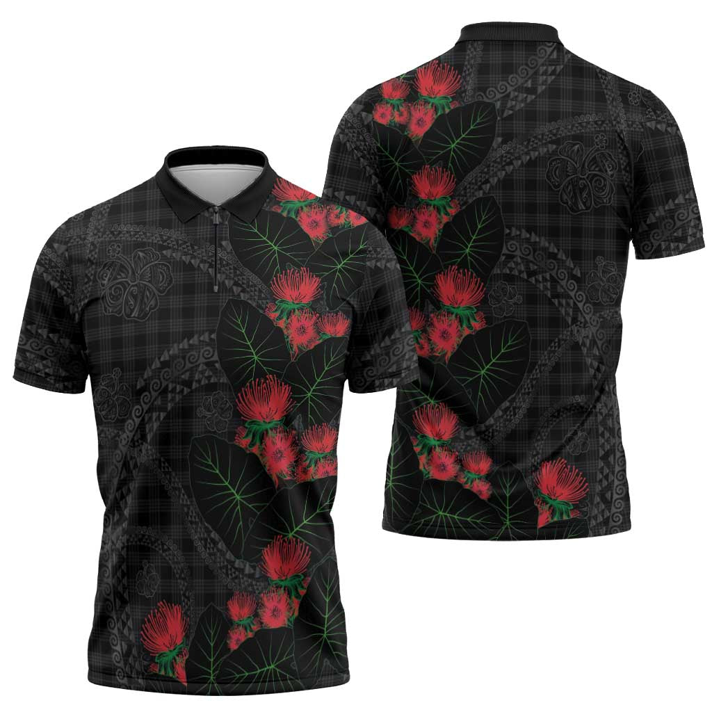 Hawaiian Kakau Art Zipper Polo Shirt Taro Leaves with Ohia Lehua and Pakala Pattern LT03 - Polynesian Pride