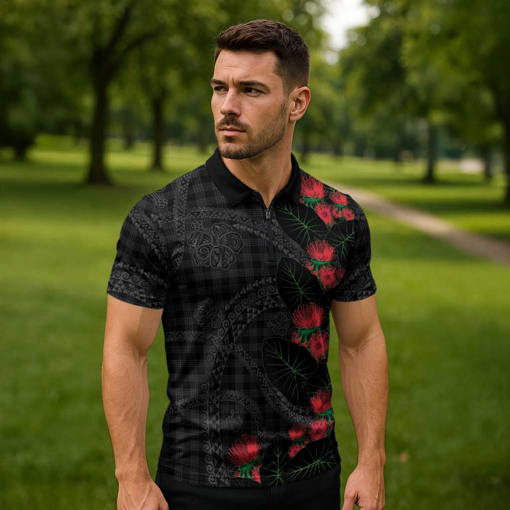 Hawaiian Kakau Art Zipper Polo Shirt Taro Leaves with Ohia Lehua and Pakala Pattern LT03 - Polynesian Pride