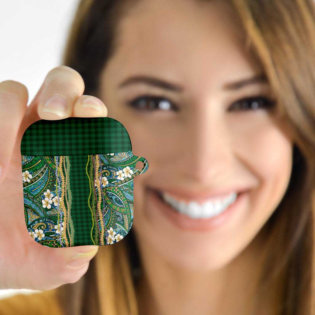 Hawaiian Art Flower Tribal with Lei AirPods Case Palaka Pattern Green Color - Polynesian Pride