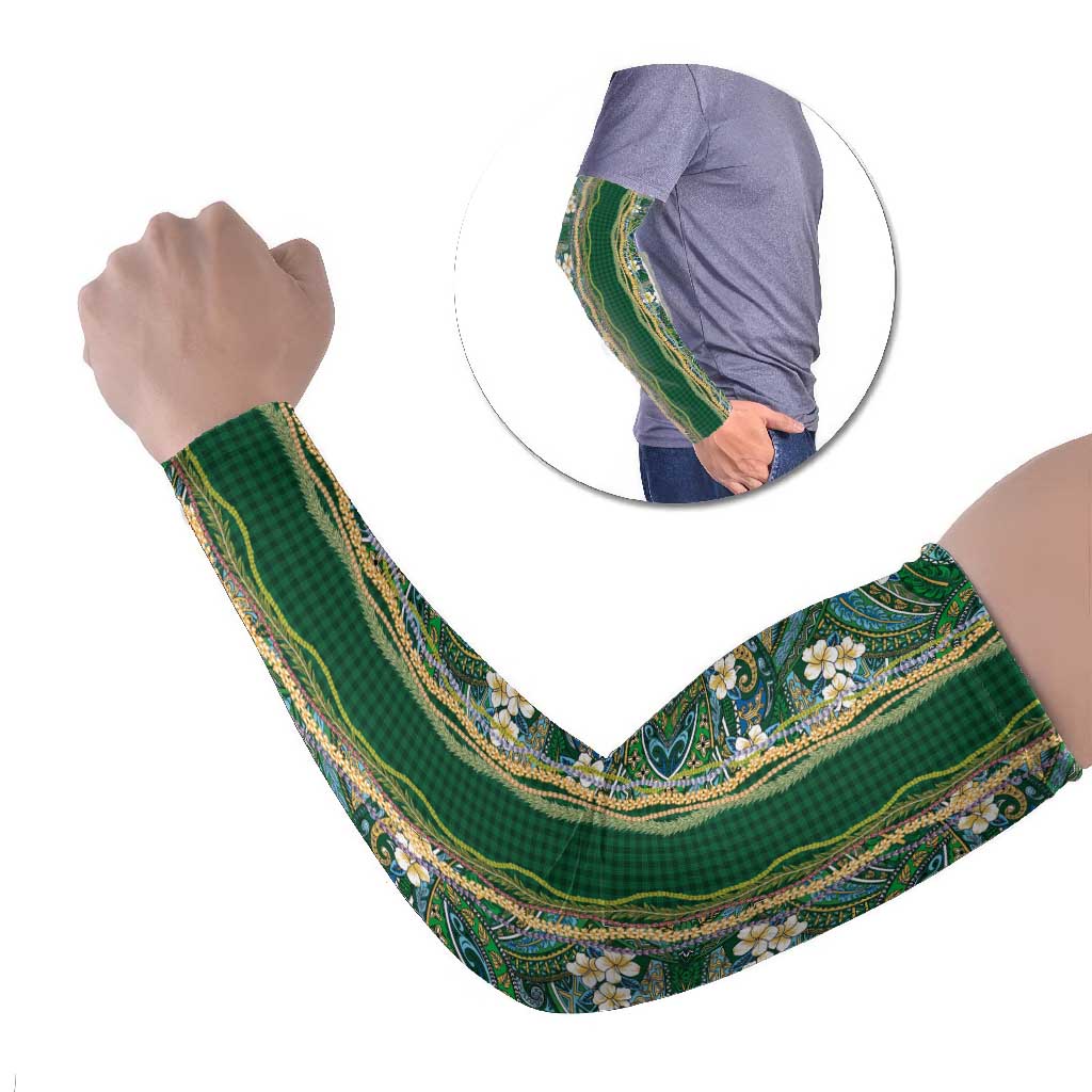 Hawaiian Art Flower Tribal with Lei Arm Sleeves Palaka Pattern Green Color - Polynesian Pride