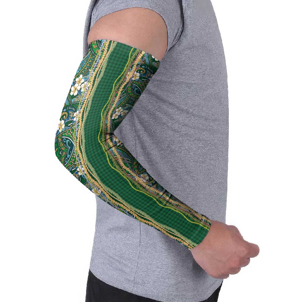 Hawaiian Art Flower Tribal with Lei Arm Sleeves Palaka Pattern Green Color - Polynesian Pride