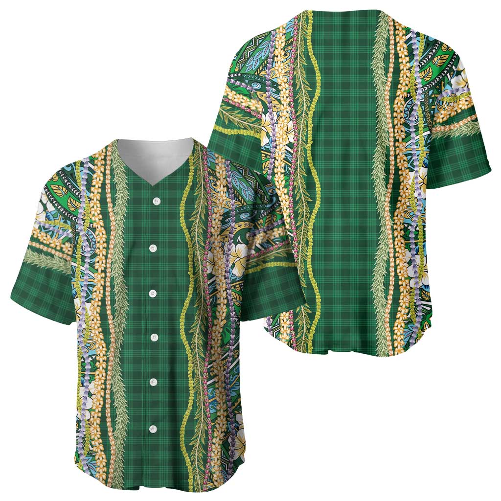 Hawaiian Art Flower Tribal with Lei Baseball Jersey Palaka Pattern Green Color - Polynesian Pride