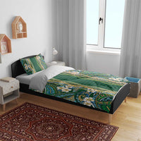 Hawaiian Art Flower Tribal with Lei Bedding Set Palaka Pattern Green Color - Polynesian Pride