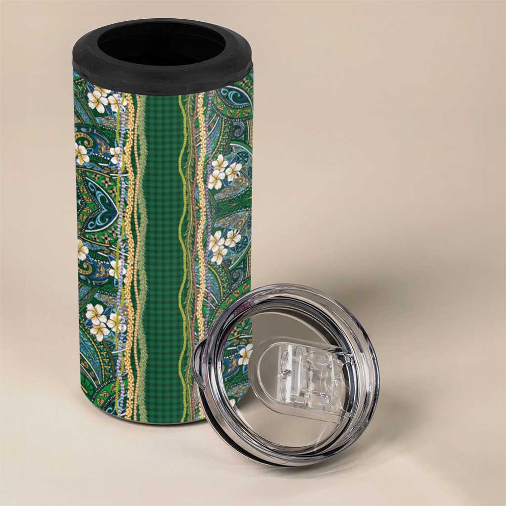 Hawaiian Art Flower Tribal with Lei 4 in 1 Can Cooler Tumbler Palaka Pattern Green Color LT03 - Polynesian Pride