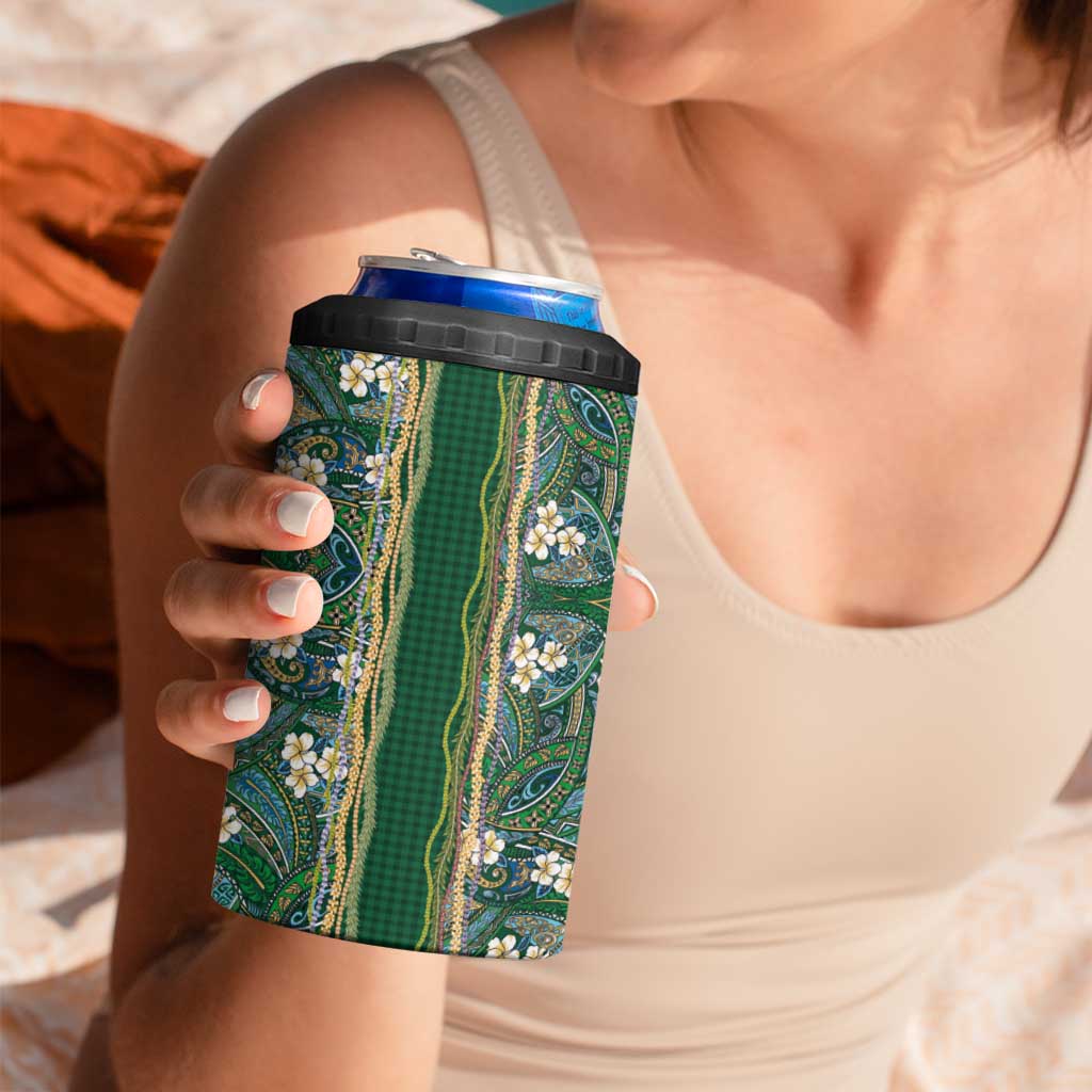 Hawaiian Art Flower Tribal with Lei 4 in 1 Can Cooler Tumbler Palaka Pattern Green Color LT03 - Polynesian Pride