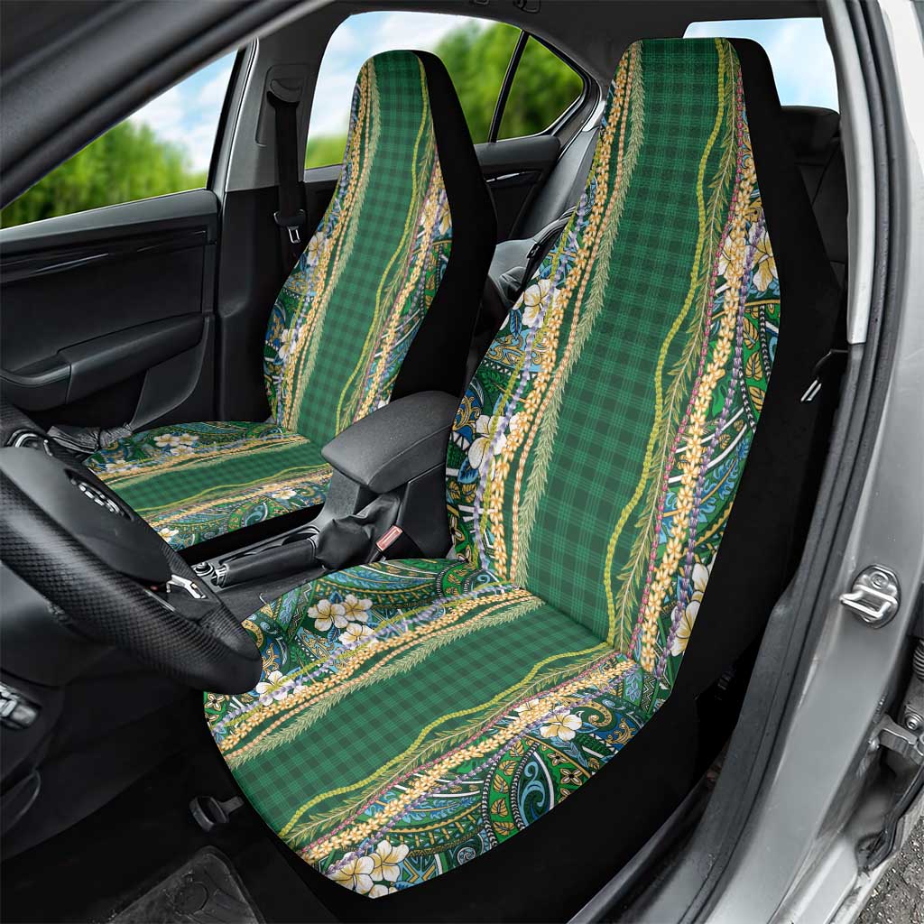 Hawaiian Art Flower Tribal with Lei Car Seat Cover Palaka Pattern Green Color - Polynesian Pride