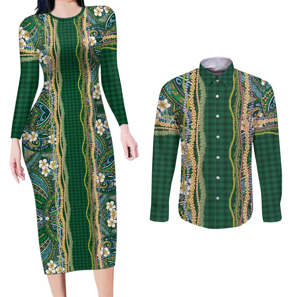 Hawaiian Art Flower Tribal with Lei Couples Matching Long Sleeve Bodycon Dress and Long Sleeve Button Shirt Palaka Pattern Green Color LT03 Green - Polynesian Pride