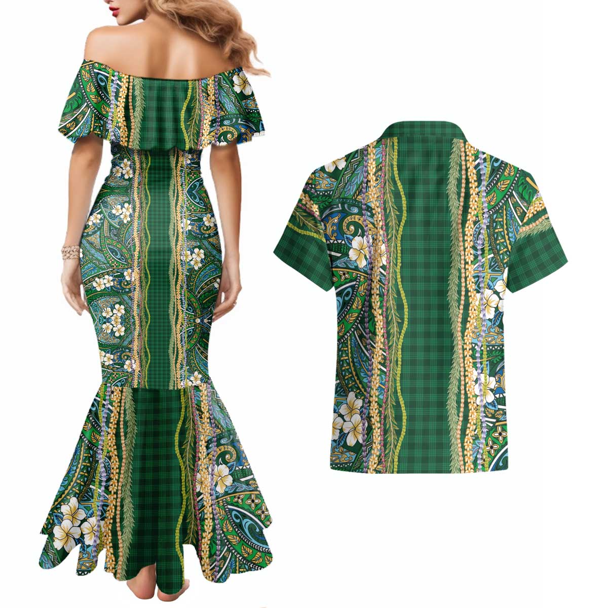 Hawaiian Art Flower Tribal with Lei Couples Matching Mermaid Dress and Hawaiian Shirt Palaka Pattern Green Color LT03 - Polynesian Pride
