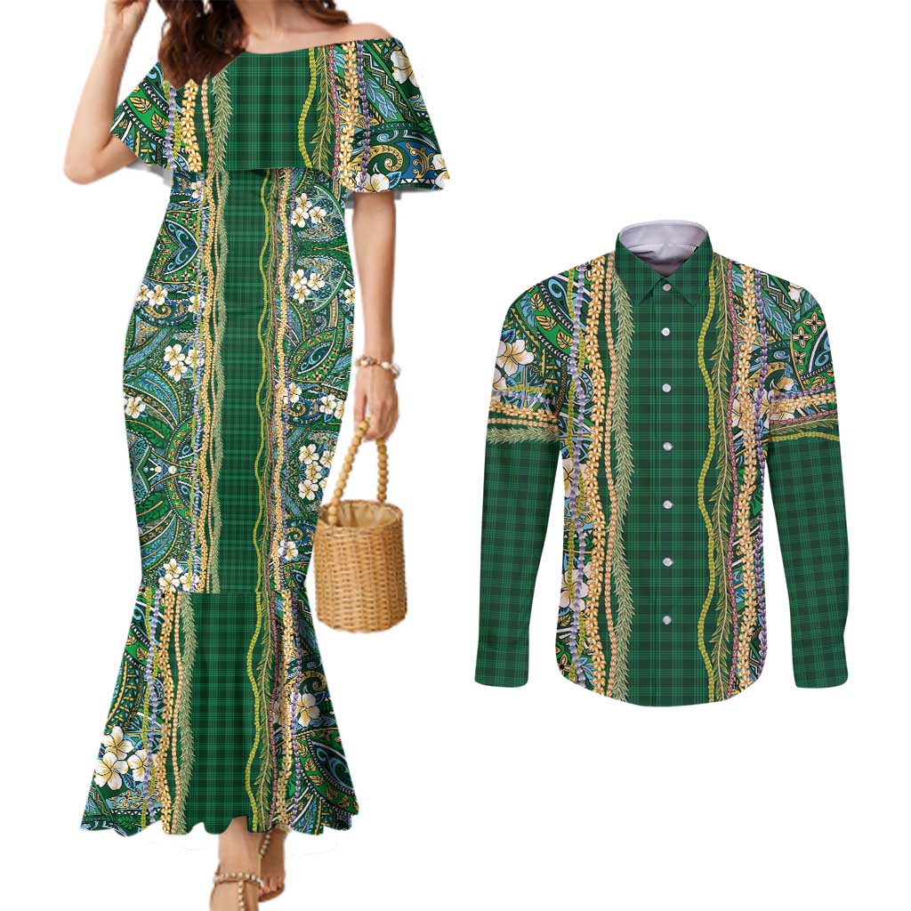 Hawaiian Art Flower Tribal with Lei Couples Matching Mermaid Dress and Long Sleeve Button Shirt Palaka Pattern Green Color LT03 Green - Polynesian Pride