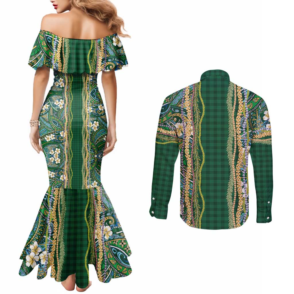Hawaiian Art Flower Tribal with Lei Couples Matching Mermaid Dress and Long Sleeve Button Shirt Palaka Pattern Green Color LT03 - Polynesian Pride