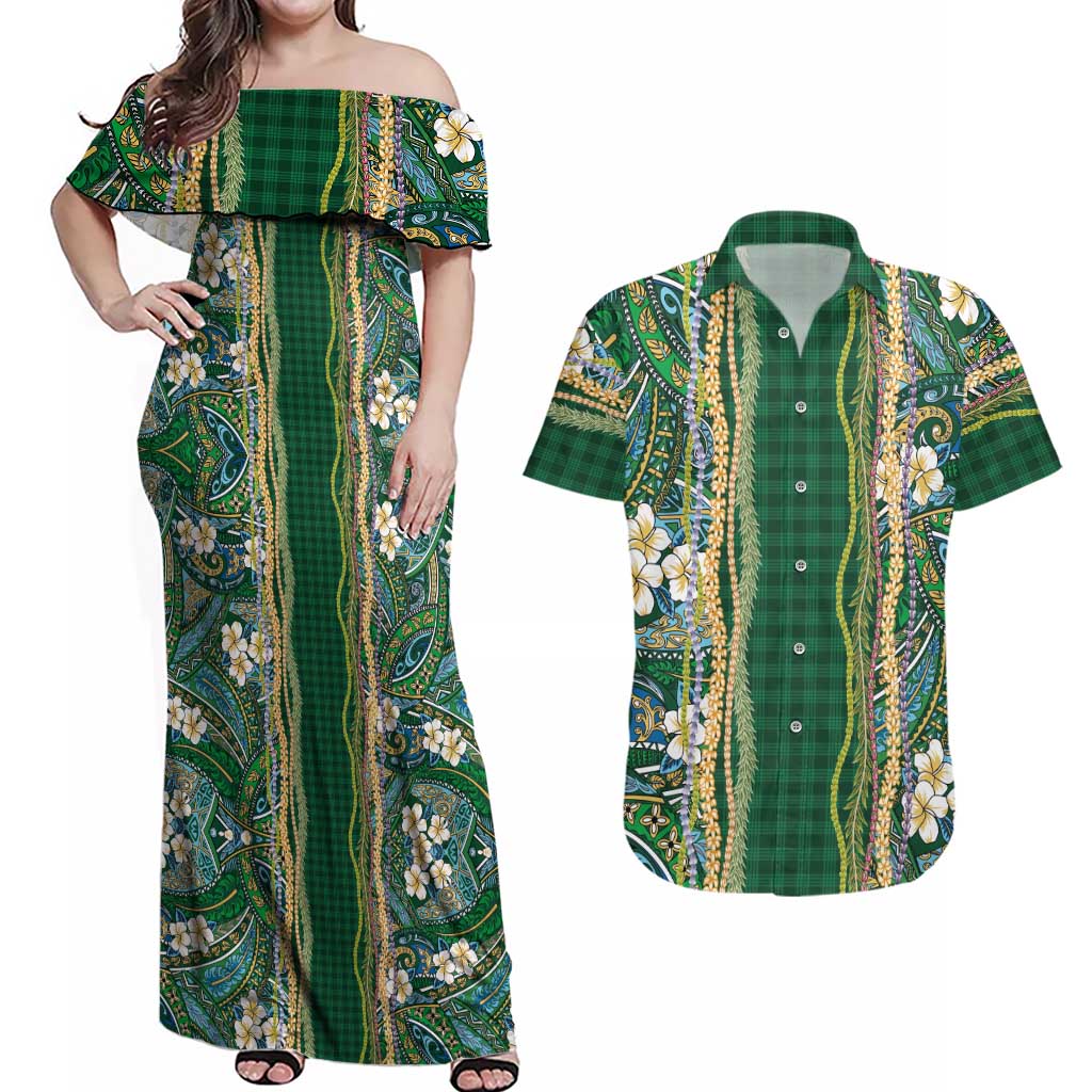 Hawaiian Art Flower Tribal with Lei Couples Matching Off Shoulder Maxi Dress and Hawaiian Shirt Palaka Pattern Green Color LT03 Green - Polynesian Pride