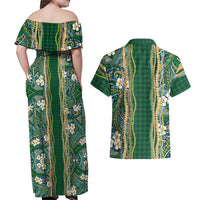Hawaiian Art Flower Tribal with Lei Couples Matching Off Shoulder Maxi Dress and Hawaiian Shirt Palaka Pattern Green Color LT03 - Polynesian Pride