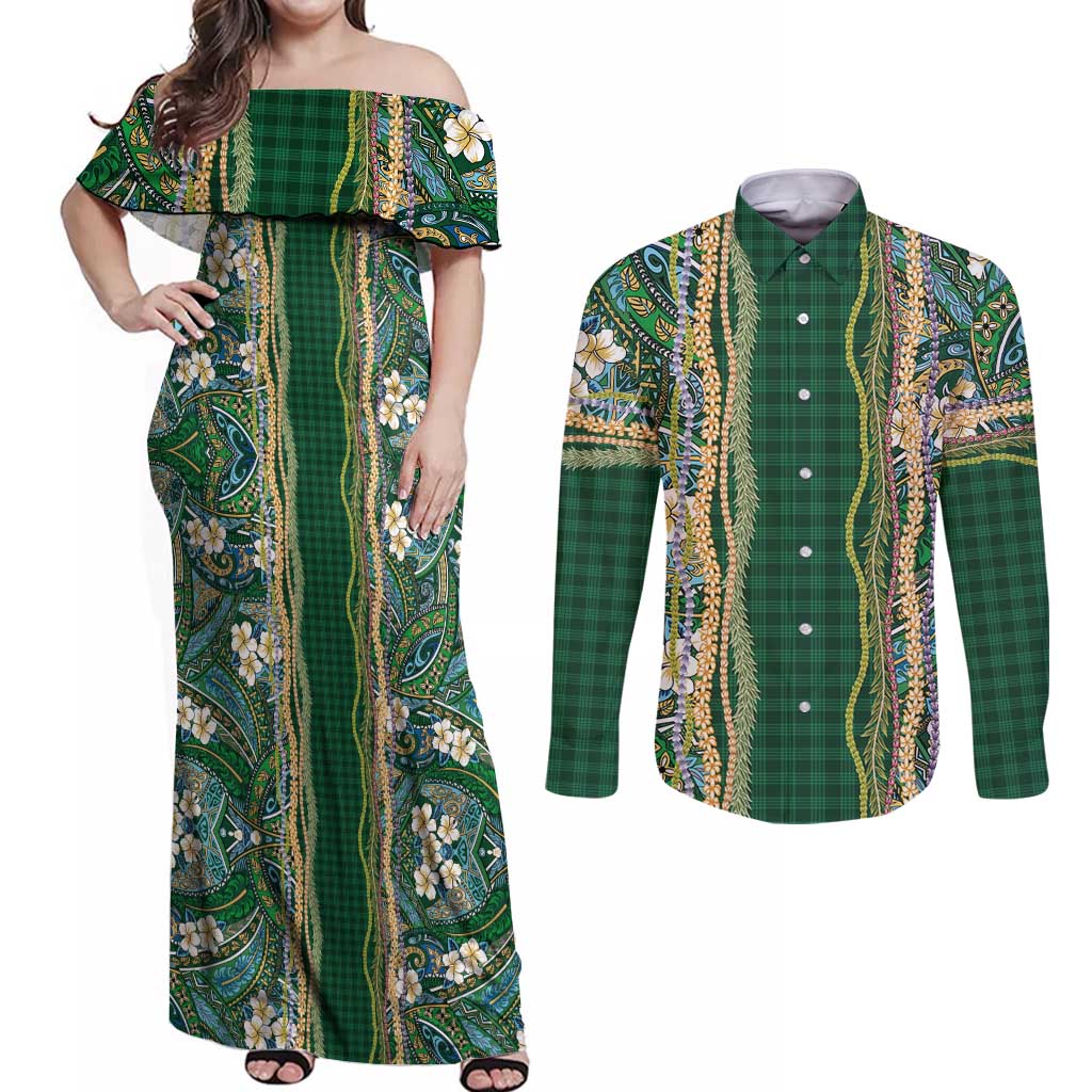 Hawaiian Art Flower Tribal with Lei Couples Matching Off Shoulder Maxi Dress and Long Sleeve Button Shirt Palaka Pattern Green Color LT03 Green - Polynesian Pride