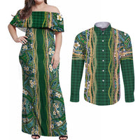 Hawaiian Art Flower Tribal with Lei Couples Matching Off Shoulder Maxi Dress and Long Sleeve Button Shirt Palaka Pattern Green Color LT03 Green - Polynesian Pride