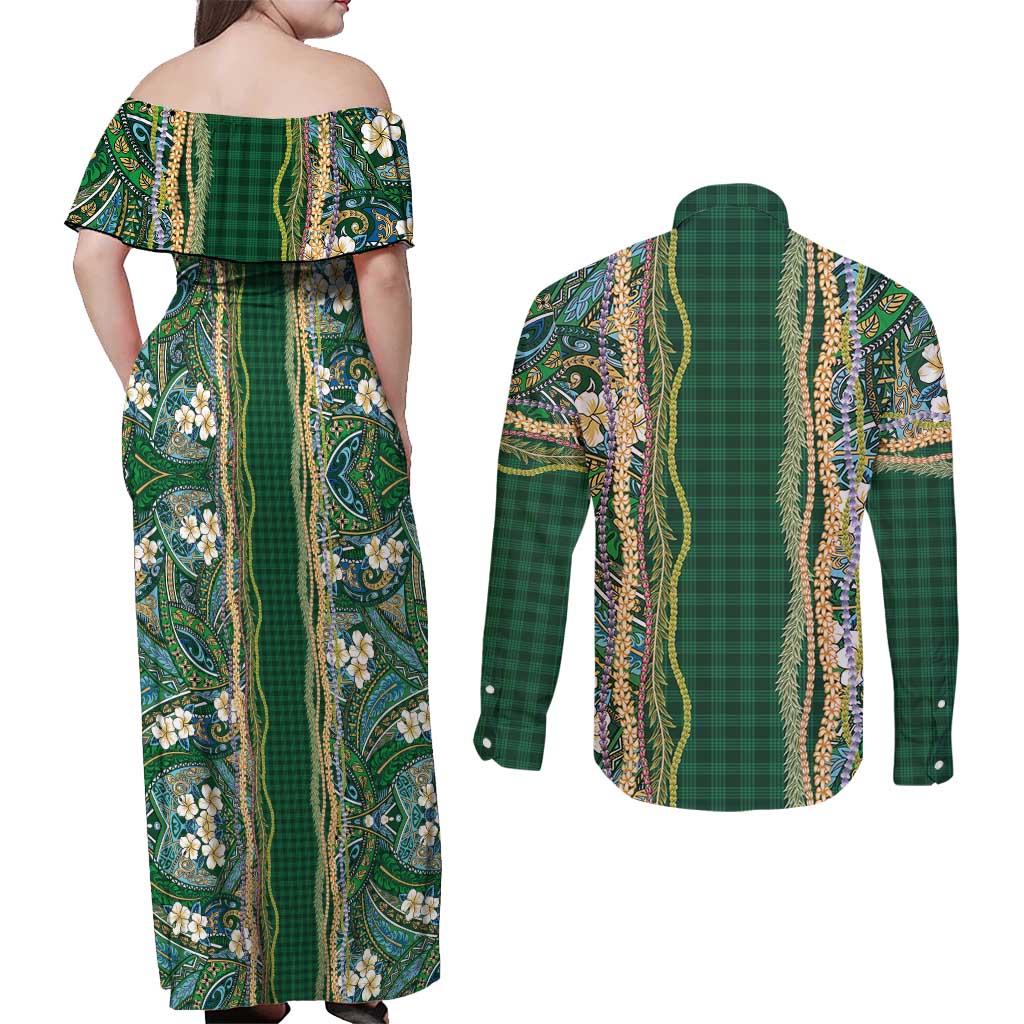 Hawaiian Art Flower Tribal with Lei Couples Matching Off Shoulder Maxi Dress and Long Sleeve Button Shirt Palaka Pattern Green Color LT03 - Polynesian Pride