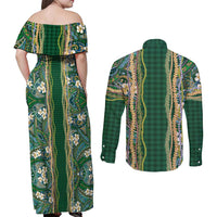 Hawaiian Art Flower Tribal with Lei Couples Matching Off Shoulder Maxi Dress and Long Sleeve Button Shirt Palaka Pattern Green Color LT03 - Polynesian Pride