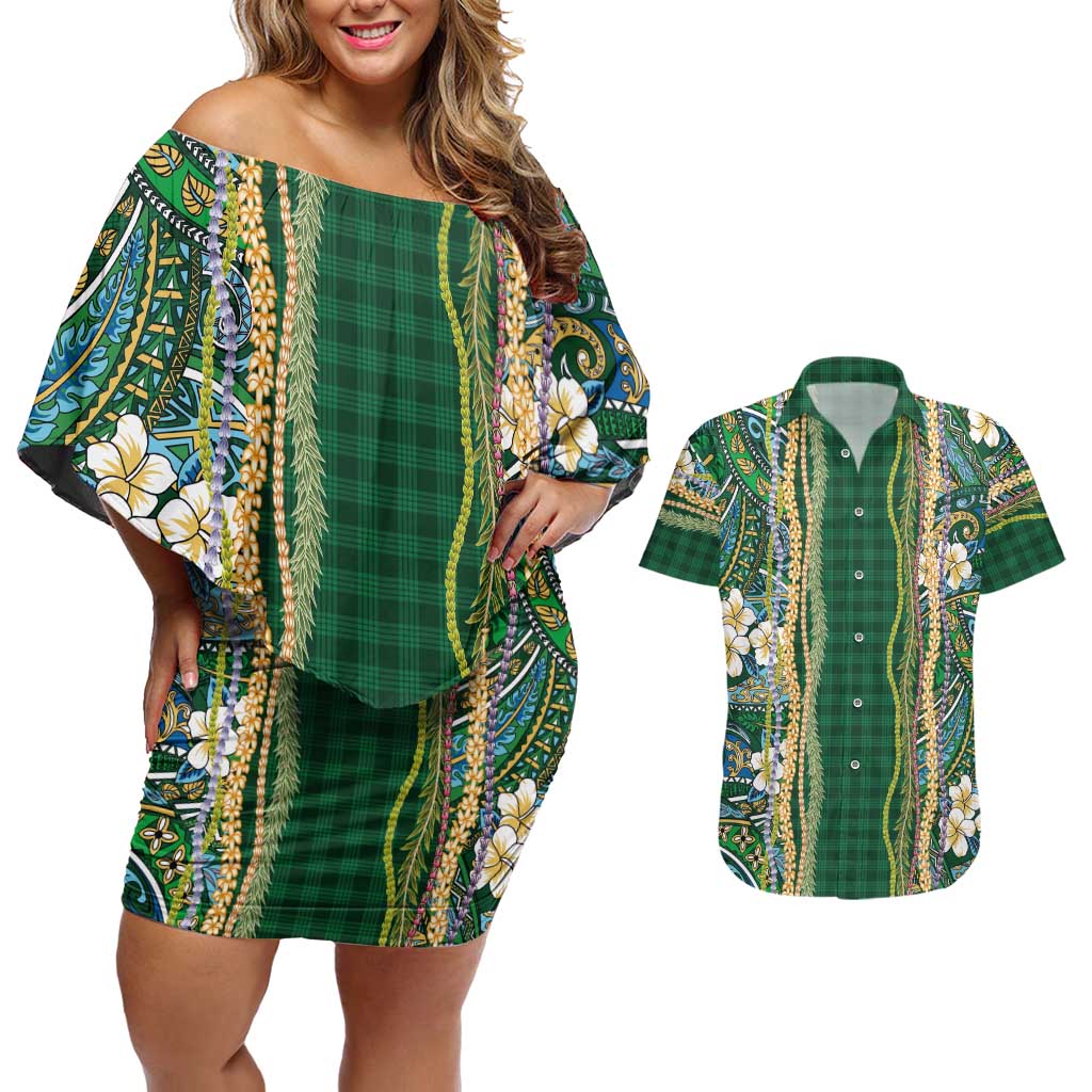 Hawaiian Art Flower Tribal with Lei Couples Matching Off Shoulder Short Dress and Hawaiian Shirt Palaka Pattern Green Color LT03 Green - Polynesian Pride