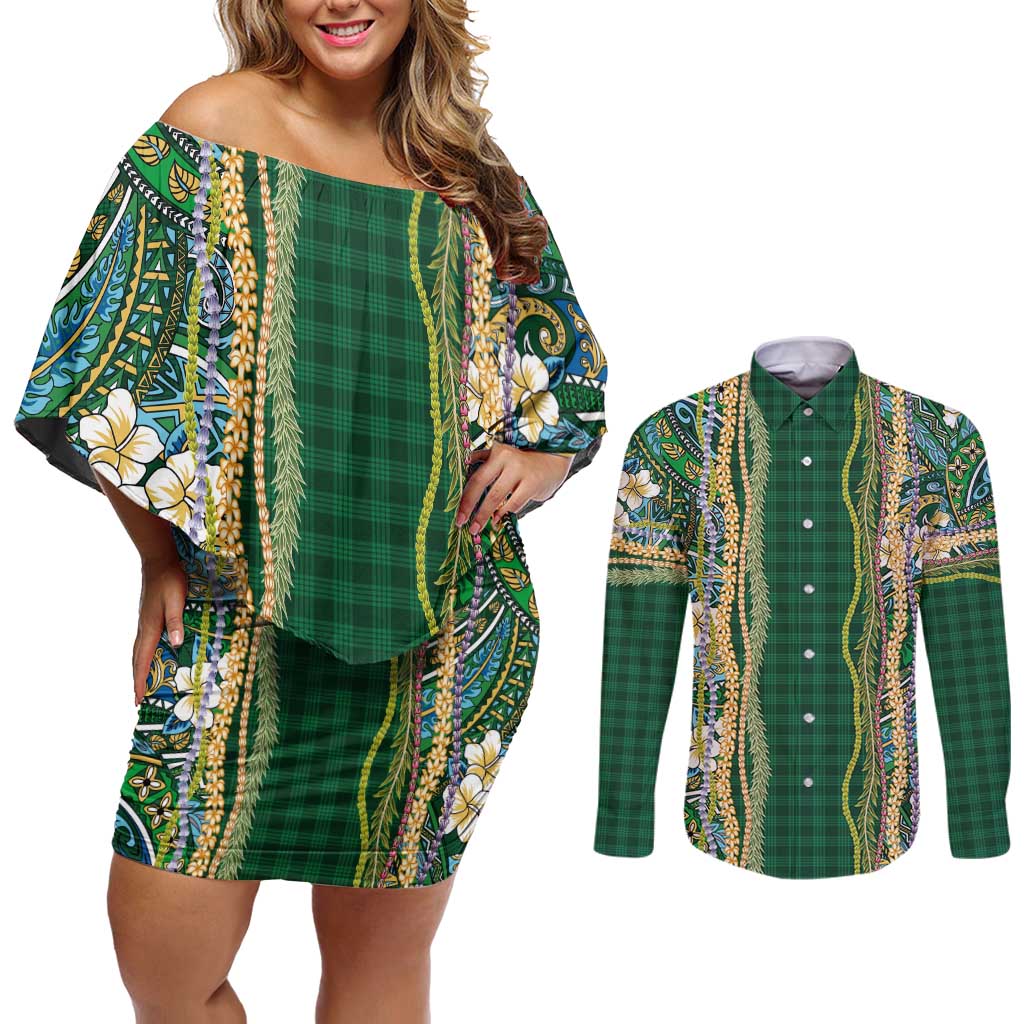 Hawaiian Art Flower Tribal with Lei Couples Matching Off Shoulder Short Dress and Long Sleeve Button Shirt Palaka Pattern Green Color LT03 Green - Polynesian Pride
