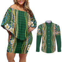 Hawaiian Art Flower Tribal with Lei Couples Matching Off Shoulder Short Dress and Long Sleeve Button Shirt Palaka Pattern Green Color LT03 Green - Polynesian Pride