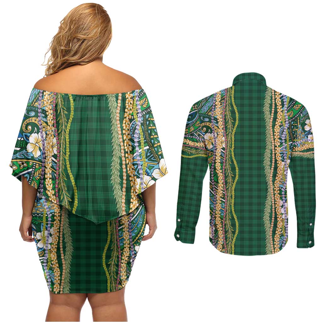 Hawaiian Art Flower Tribal with Lei Couples Matching Off Shoulder Short Dress and Long Sleeve Button Shirt Palaka Pattern Green Color LT03 - Polynesian Pride