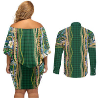 Hawaiian Art Flower Tribal with Lei Couples Matching Off Shoulder Short Dress and Long Sleeve Button Shirt Palaka Pattern Green Color LT03 - Polynesian Pride