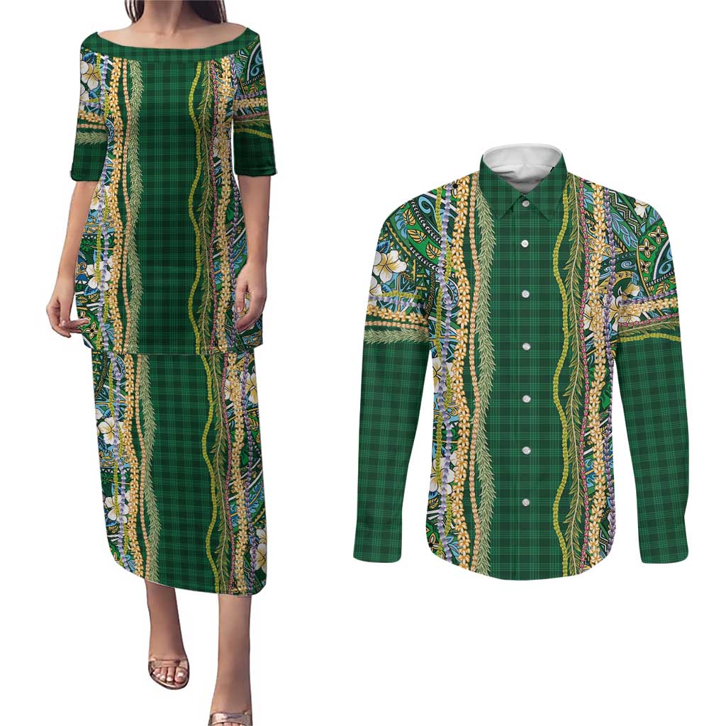 Hawaiian Art Flower Tribal with Lei Couples Matching Puletasi and Long Sleeve Button Shirt Palaka Pattern Green Color LT03 Green - Polynesian Pride