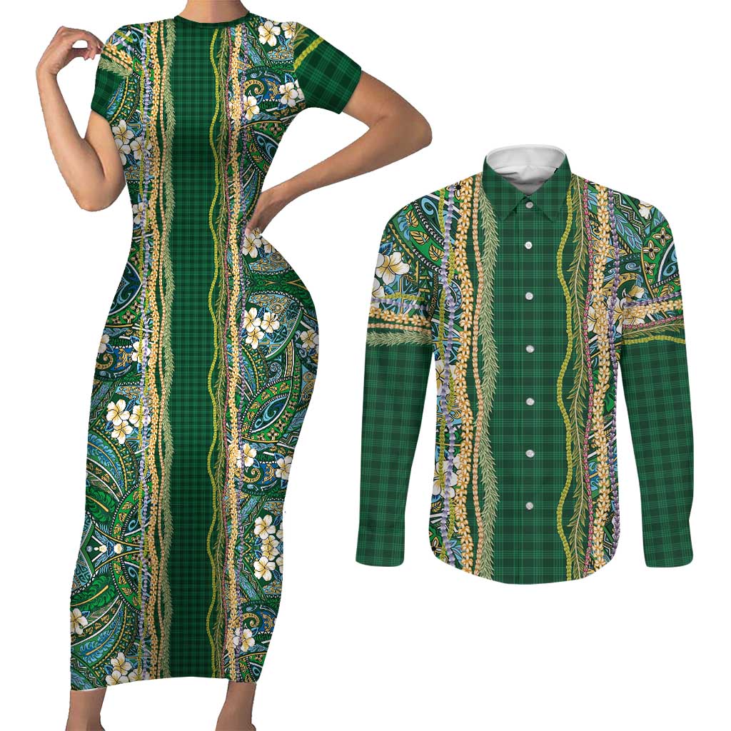Hawaiian Art Flower Tribal with Lei Couples Matching Short Sleeve Bodycon Dress and Long Sleeve Button Shirt Palaka Pattern Green Color LT03 Green - Polynesian Pride