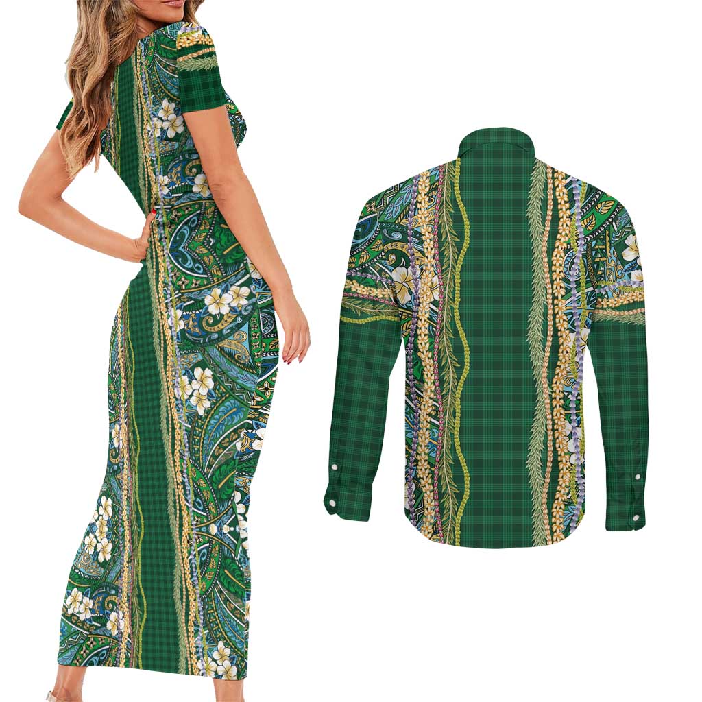Hawaiian Art Flower Tribal with Lei Couples Matching Short Sleeve Bodycon Dress and Long Sleeve Button Shirt Palaka Pattern Green Color LT03 - Polynesian Pride