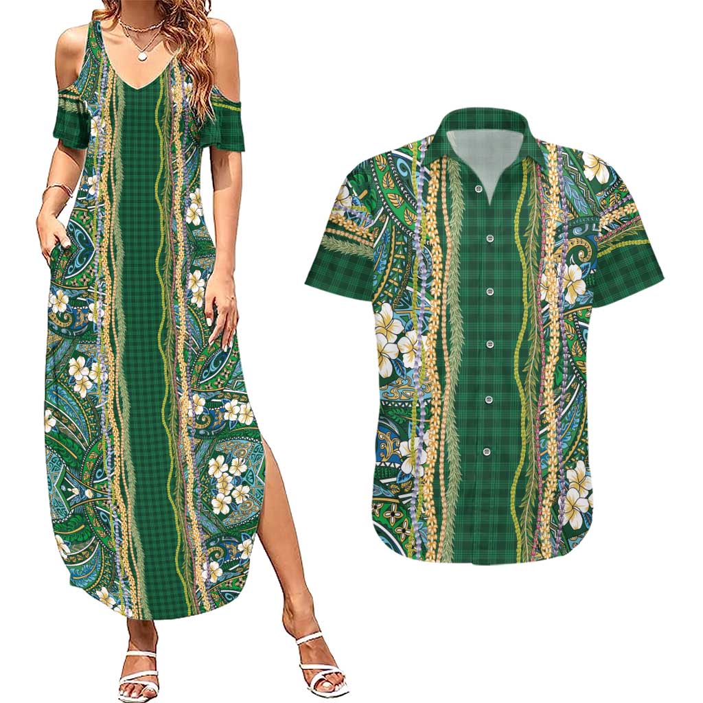 Hawaiian Art Flower Tribal with Lei Couples Matching Summer Maxi Dress and Hawaiian Shirt Palaka Pattern Green Color LT03 Green - Polynesian Pride