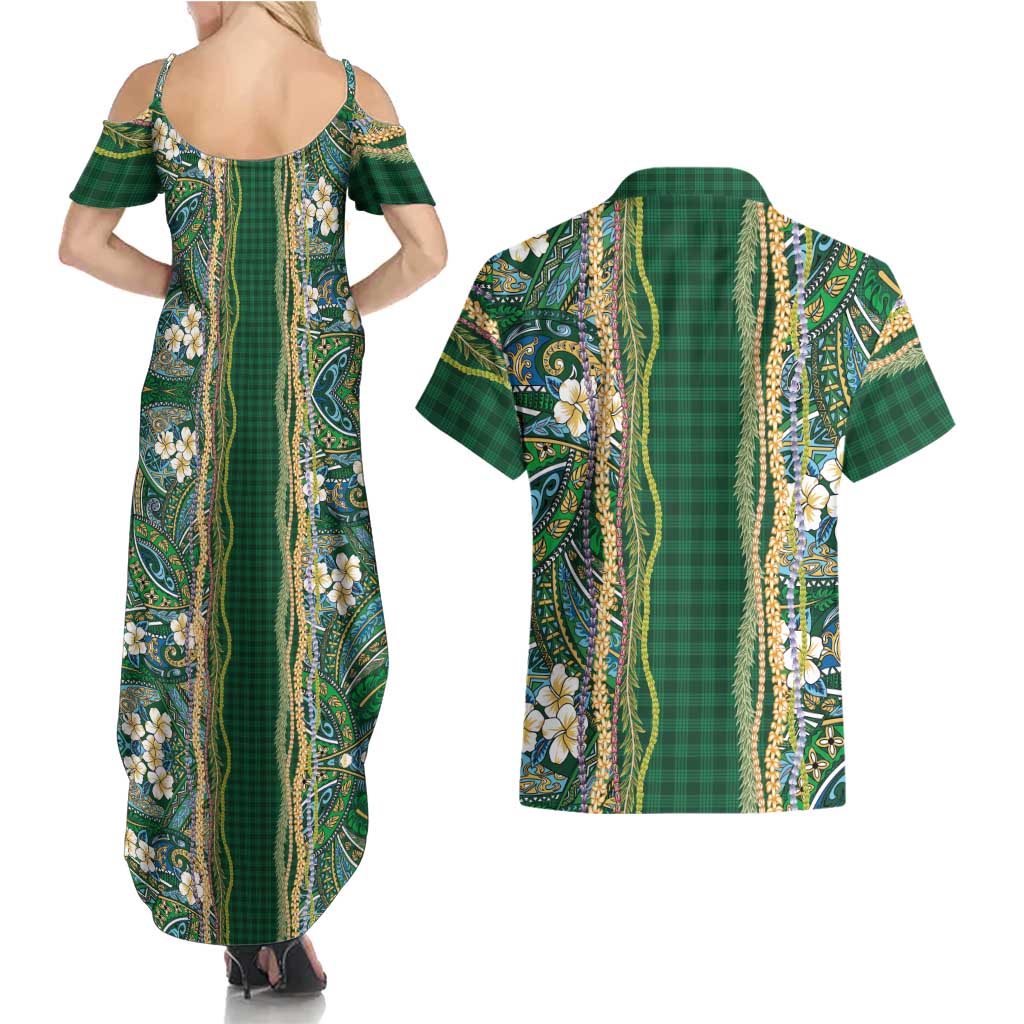 Hawaiian Art Flower Tribal with Lei Couples Matching Summer Maxi Dress and Hawaiian Shirt Palaka Pattern Green Color LT03 - Polynesian Pride