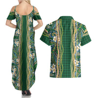 Hawaiian Art Flower Tribal with Lei Couples Matching Summer Maxi Dress and Hawaiian Shirt Palaka Pattern Green Color LT03 - Polynesian Pride