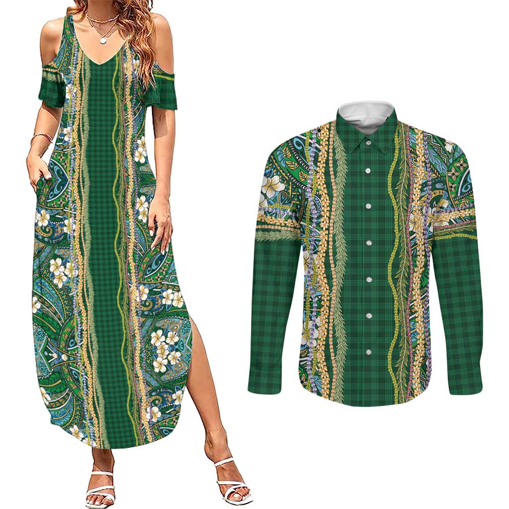 Hawaiian Art Flower Tribal with Lei Couples Matching Summer Maxi Dress and Long Sleeve Button Shirt Palaka Pattern Green Color LT03 Green - Polynesian Pride
