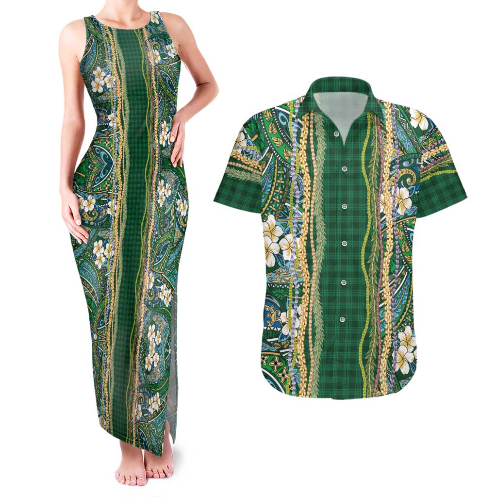 Hawaiian Art Flower Tribal with Lei Couples Matching Tank Maxi Dress and Hawaiian Shirt Palaka Pattern Green Color LT03 Green - Polynesian Pride