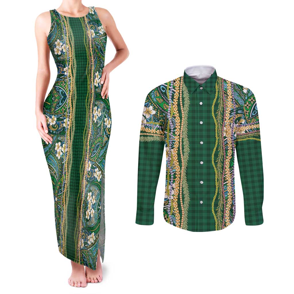 Hawaiian Art Flower Tribal with Lei Couples Matching Tank Maxi Dress and Long Sleeve Button Shirt Palaka Pattern Green Color LT03 Green - Polynesian Pride