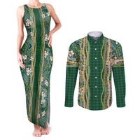 Hawaiian Art Flower Tribal with Lei Couples Matching Tank Maxi Dress and Long Sleeve Button Shirt Palaka Pattern Green Color LT03 Green - Polynesian Pride
