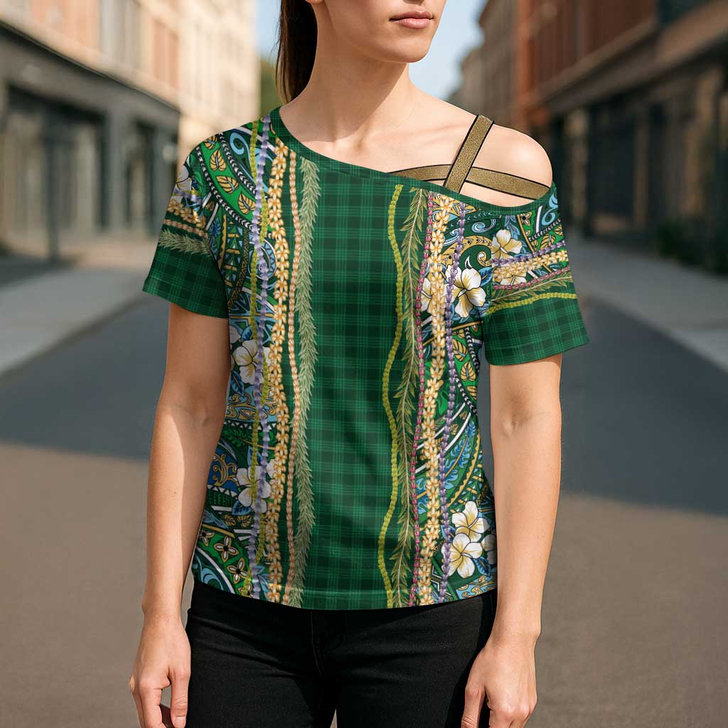 Hawaiian Art Flower Tribal with Lei Cross Shoulder Shirt Palaka Pattern Green Color - Polynesian Pride