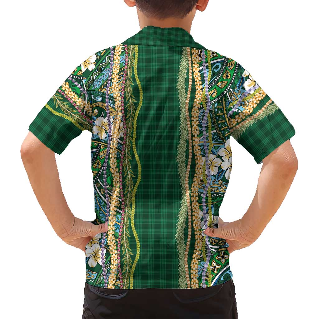 Hawaiian Art Flower Tribal with Lei Family Matching Long Sleeve Bodycon Dress and Hawaiian Shirt Palaka Pattern Green Color LT03 - Polynesian Pride