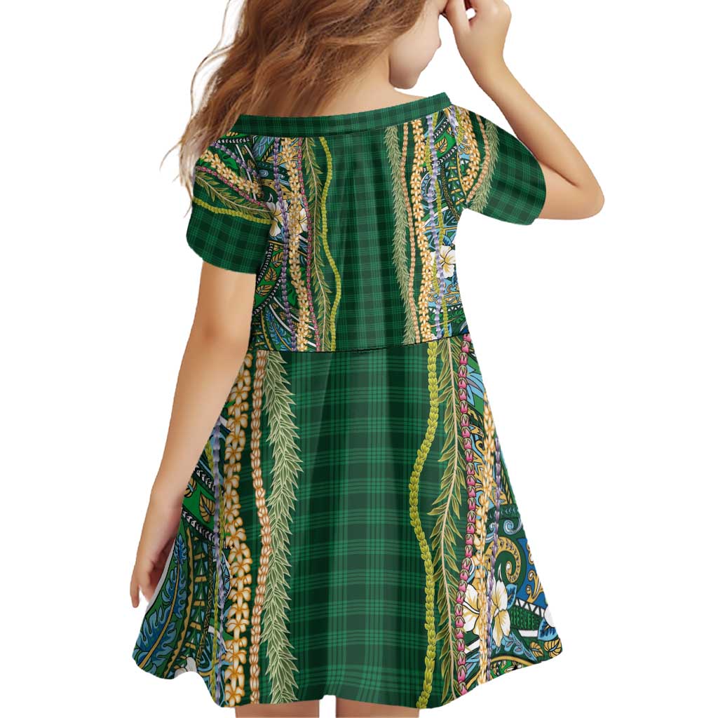 Hawaiian Art Flower Tribal with Lei Family Matching Long Sleeve Bodycon Dress and Hawaiian Shirt Palaka Pattern Green Color LT03 - Polynesian Pride