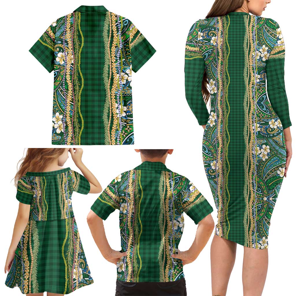 Hawaiian Art Flower Tribal with Lei Family Matching Long Sleeve Bodycon Dress and Hawaiian Shirt Palaka Pattern Green Color LT03 - Polynesian Pride