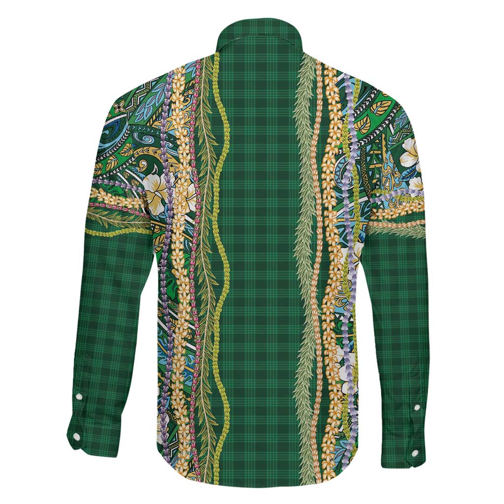 Hawaiian Art Flower Tribal with Lei Family Matching Long Sleeve Bodycon Dress and Hawaiian Shirt Palaka Pattern Green Color LT03 - Polynesian Pride