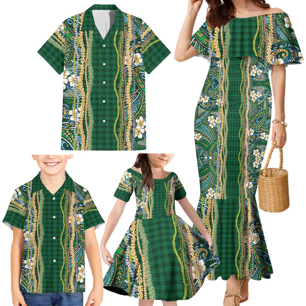 Hawaiian Art Flower Tribal with Lei Family Matching Mermaid Dress and Hawaiian Shirt Palaka Pattern Green Color LT03 - Polynesian Pride