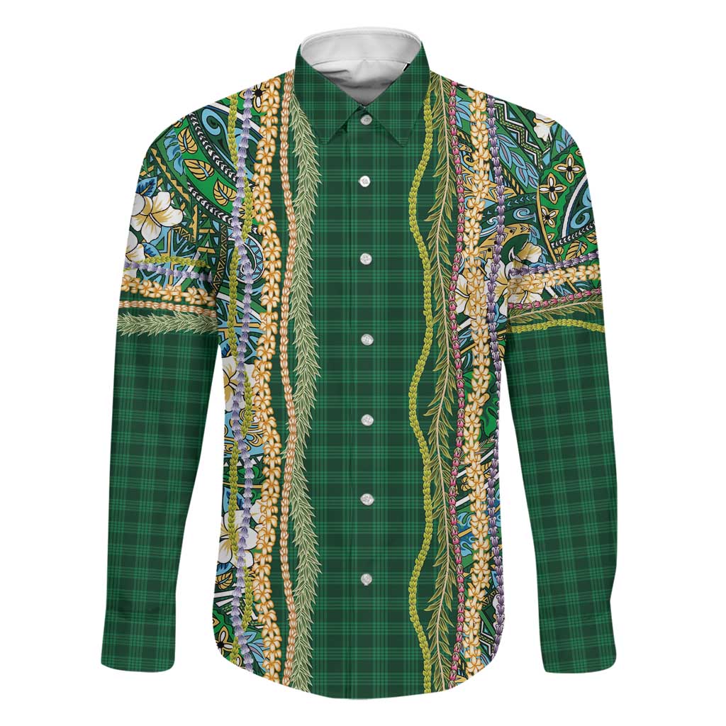 Hawaiian Art Flower Tribal with Lei Family Matching Mermaid Dress and Hawaiian Shirt Palaka Pattern Green Color LT03 Dad's Shirt - Long Sleeve Green - Polynesian Pride