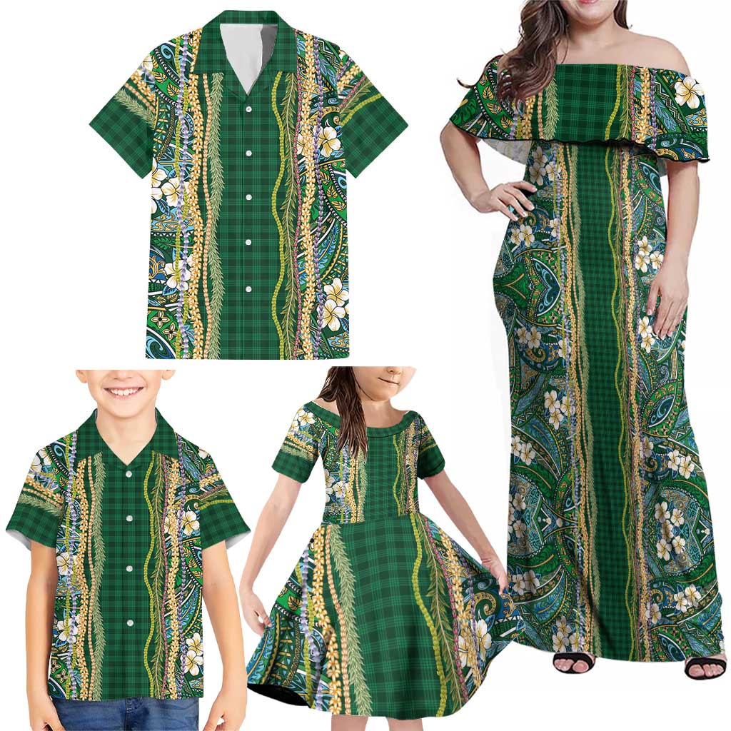 Hawaiian Art Flower Tribal with Lei Family Matching Off Shoulder Maxi Dress and Hawaiian Shirt Palaka Pattern Green Color LT03 - Polynesian Pride