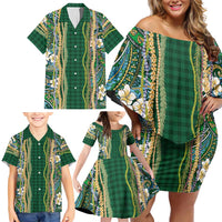 Hawaiian Art Flower Tribal with Lei Family Matching Off Shoulder Short Dress and Hawaiian Shirt Palaka Pattern Green Color LT03 - Polynesian Pride