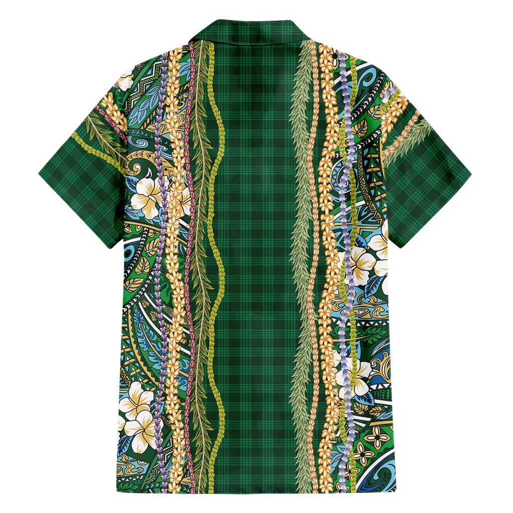 Hawaiian Art Flower Tribal with Lei Family Matching Off Shoulder Short Dress and Hawaiian Shirt Palaka Pattern Green Color LT03 - Polynesian Pride