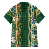 Hawaiian Art Flower Tribal with Lei Family Matching Off Shoulder Short Dress and Hawaiian Shirt Palaka Pattern Green Color LT03 - Polynesian Pride