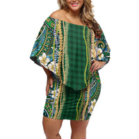 Hawaiian Art Flower Tribal with Lei Family Matching Off Shoulder Short Dress and Hawaiian Shirt Palaka Pattern Green Color LT03 Mom's Dress Green - Polynesian Pride
